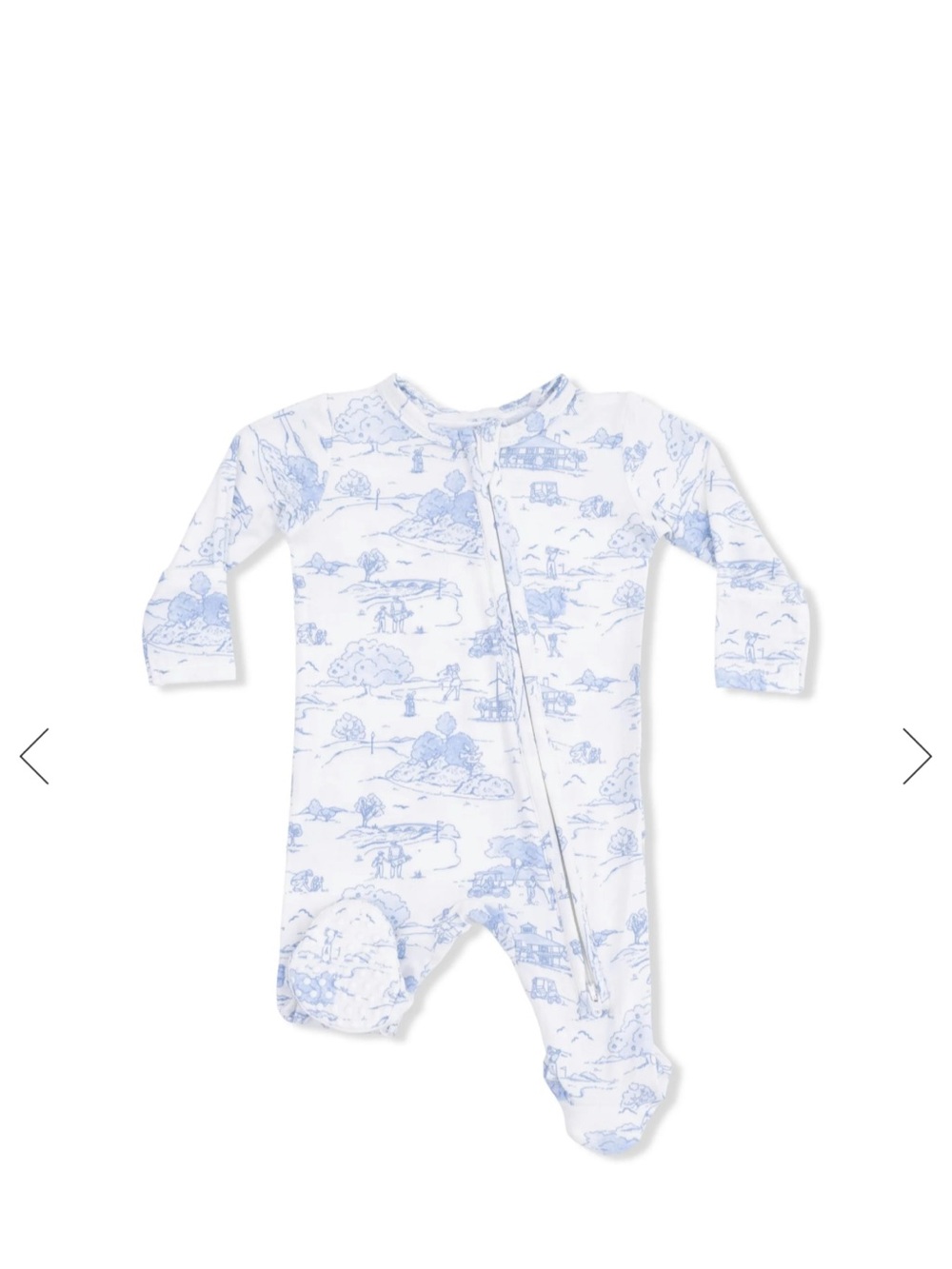 Angel Dear two-way zipper footie in blue & white golf toile